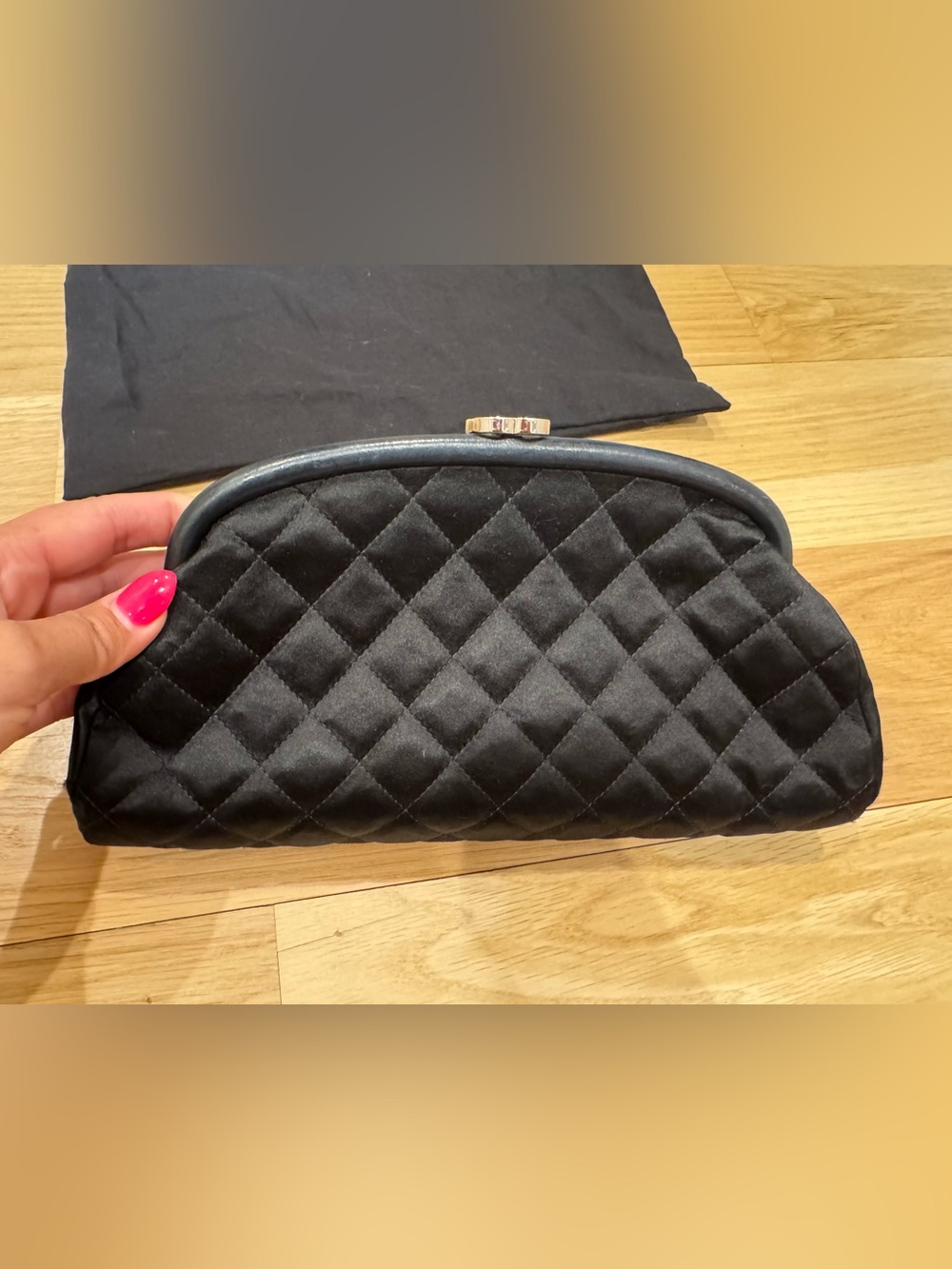 CHANEL Black Quilted Satin quilted Clutch